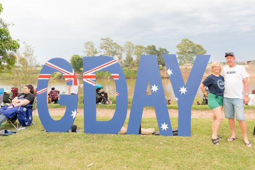 Posing with the Gday sign at Australia Day on t he Hawkesbury.