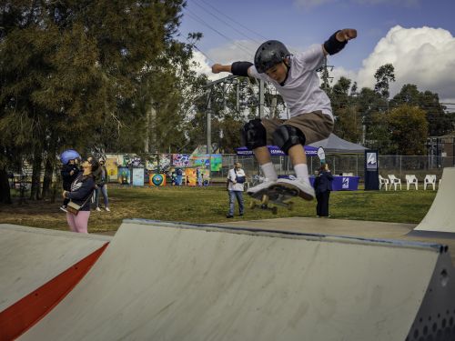 A picture of a local young person riding his skateboard at Clarendon Skate Park