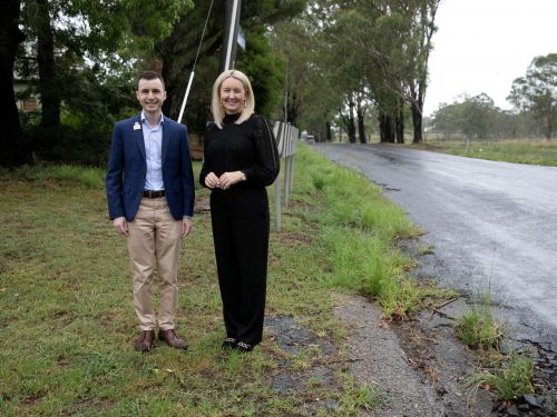 The Hills Shire Mayor Peter Gangemi and Hawkebury City Mayor Sarah McMahon on Boundary Road.