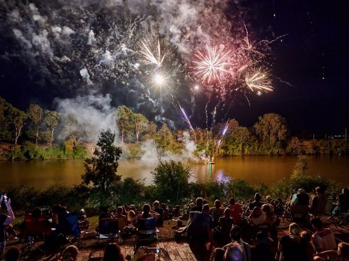 Fireworks in front of a gathered crowd at Australia Day on the Hawkesbury