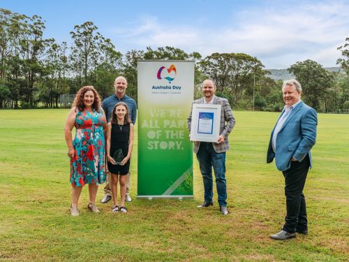 Picture of Australia Day Award Winner Lillian Page and family and Mayor Patrick Conolly and Councillor Paul Veigel
