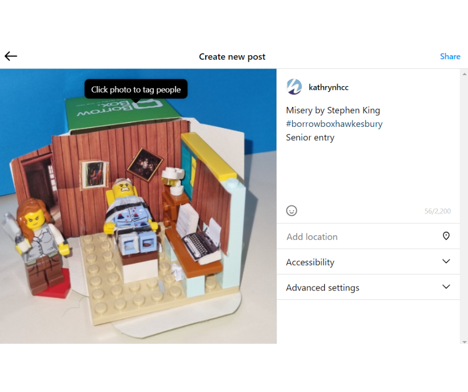 An example of an entry for the promotion. There is an Instagram post in edit mode. The photo of the LEGO diorama is accompanied by the text Stephen King's Misery. #borrowboxhawkesbury and the words Senior entry.