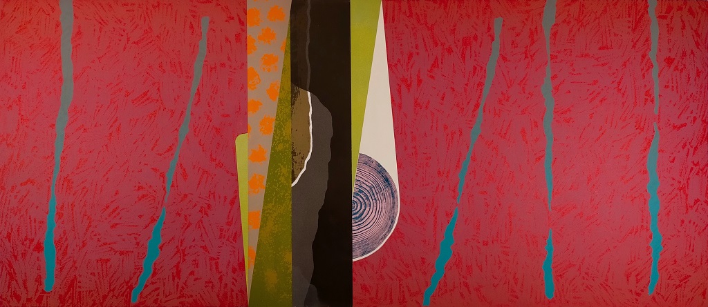Neilton Clarke, Striation station, 2022, woodblock print, screen print, collage, Unique state, 57 x 130cm. courtesy the artist