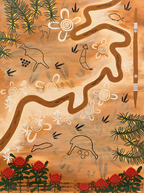 Dharug painting of a winding river surrounded by wattle, waratahs, animals and cultural symbols.