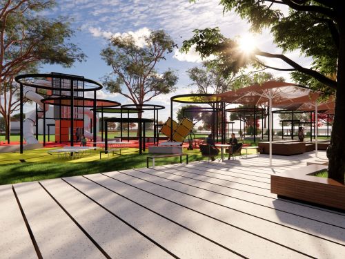 Fernadell Park artist impression - looking out over the playground from the alfresco area