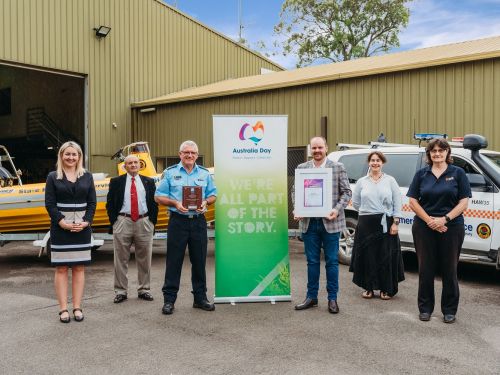 Picture of Councillor Sarah Richards, Councillor Eddie Dogramachi, SES Hawkesbury Unit Commander Kevin Jones, Mayor Patrick Conolly, Councillor Danielle Wheeler and nominator Elizabeth Gardiner