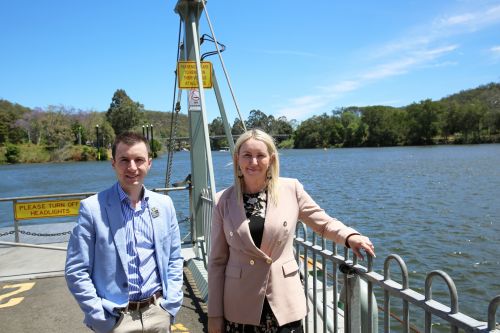 The Hills Shire Mayor Peter Gangemi and Hawkesbury City Mayor Sarah McMahon on the Lower Portland Ferry