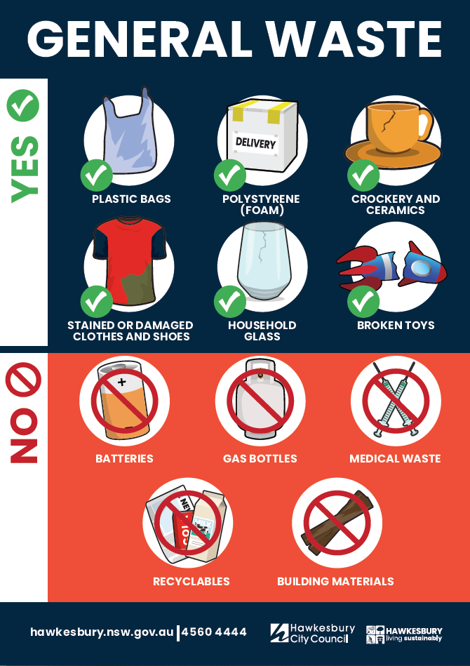infographic of what can and cannot go in the general waste bin