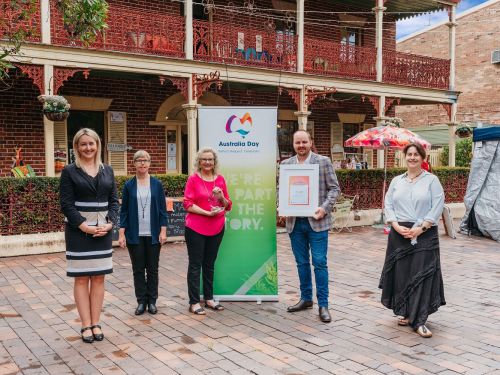 Picture of Councillor Sarah Richards, nominator Patrina Carter, Australia Day Award winner Anne Robbie (left beside banner), Mayor Patrick Conolly and Councillor Danielle Wheeler