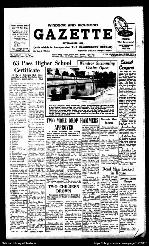 Front page of the Hawkesbury Gazette from 1971