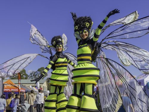 Bee stilt walkers entertain the crowds outside Council's tent