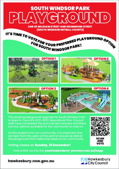 Flyer advertising the options for the new playground at South Windsor Park