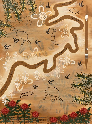 Dharug painting of a river with animal and floral motifs surrounding it.