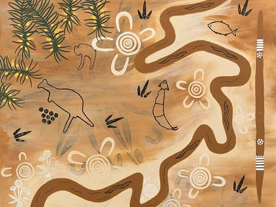 Dharug painting of a river with floral and animal motifs