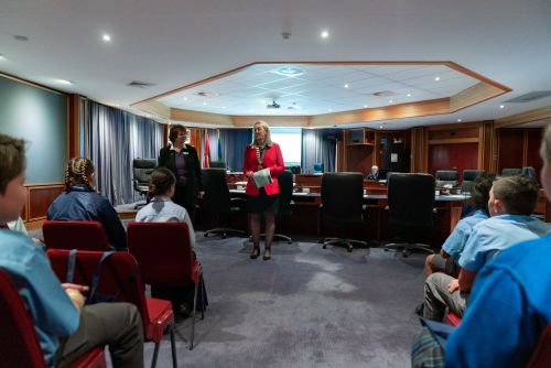 Hawkesbury City Mayor Sarah McMahon and Clr Jill Reardon address students in the Council Chambers.